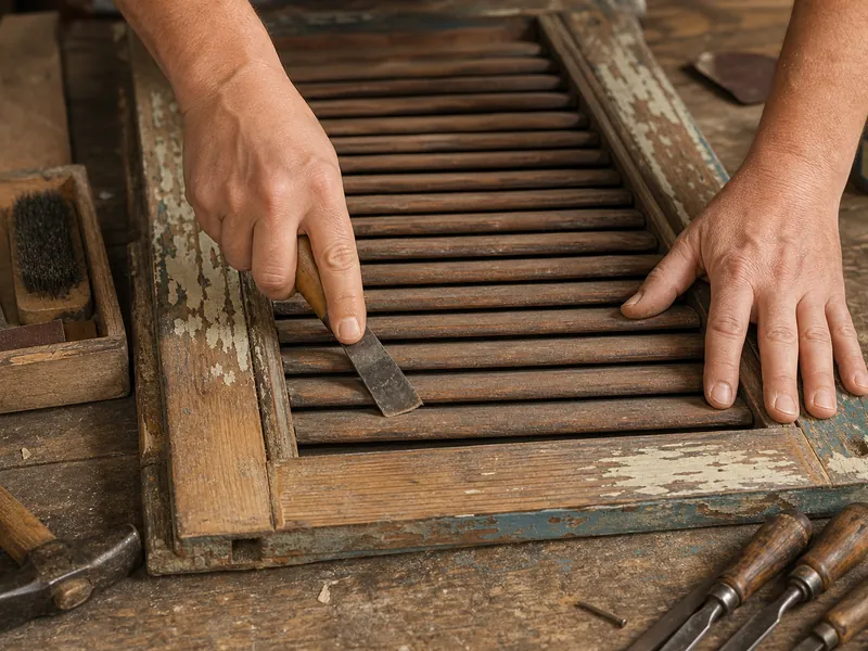 sverniciatura di una persiana in legno con vernice scrostata